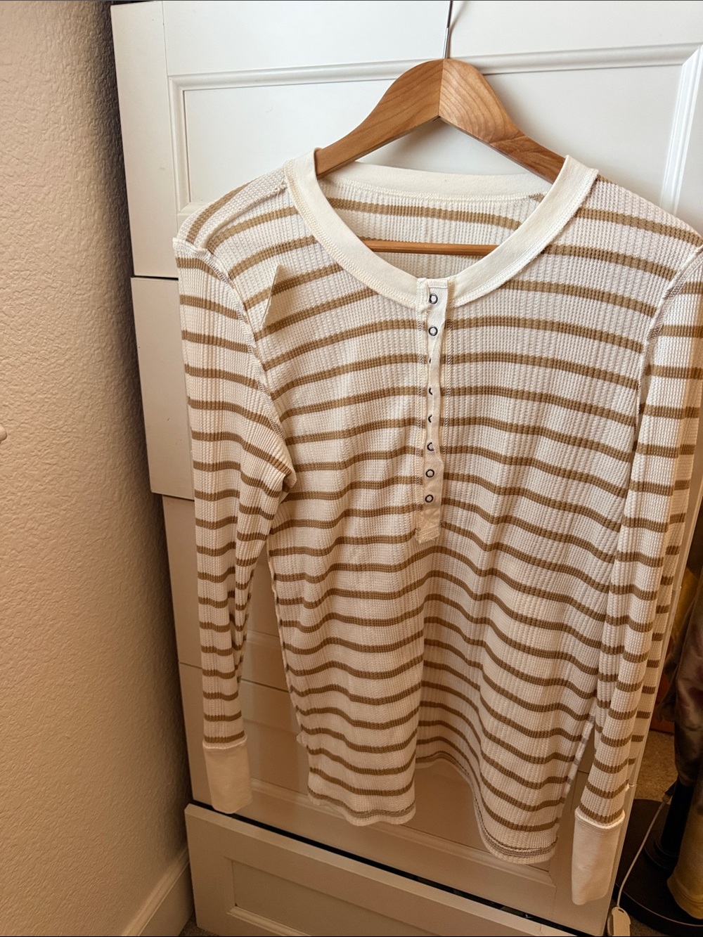 aerie Cream and Tan Striped Henley Long-Sleeve Top